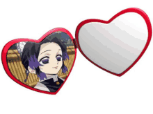 a heart shaped mirror has a picture of a girl with purple hair