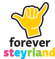 a logo for forever steyrland with a yellow hand making a hang loose sign