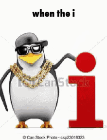 a penguin wearing sunglasses , a hat , and a chain around its neck is holding a red ball .