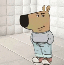 a cartoon character is standing in a room with his hands in his pockets and wearing a sweater and jeans .