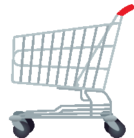 an empty shopping cart with a red handle and black wheels