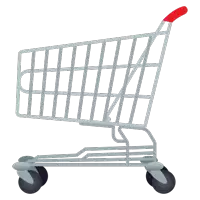 an empty shopping cart with a red handle and black wheels