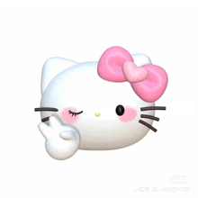 a hello kitty with a pink bow on her head giving a peace sign