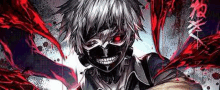 tokyo ghoul ken kaneki is wearing a black mask with red eyes and a skull on his face .