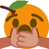 a crying orange emoji with a leaf on its head and a hand covering its mouth .