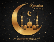 a greeting card for ramadan kareem with a golden crescent moon