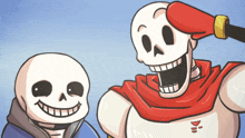 two cartoon skeletons are standing next to each other and one has a red scarf around his neck