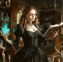 a woman in a black dress is reading a book in a room with candles