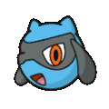 a cartoon drawing of a blue and black pokemon with orange eyes covering its face with its hand .