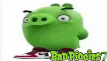 a green pig from the angry birds movie is wearing a pair of red nike shoes .