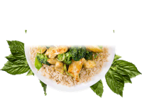 a plate of food with rice broccoli and chicken on it