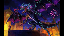 a painting of a dragon with purple wings standing in front of a building