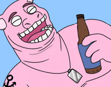 a cartoon of a pig with an anchor tattoo on his arm holding a beer bottle