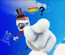 a cartoon character with a top hat and a cane is pointing at a rainbow flag .