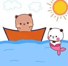 a cartoon drawing of a bear in a boat and a mermaid in the water