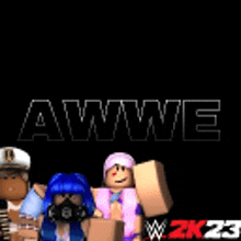 a group of roblox characters are standing next to each other in front of the word awwe on a black background .