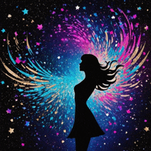 a silhouette of a woman with colorful wings