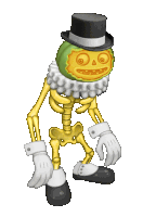 a cartoon of a skeleton with a pumpkin face and top hat