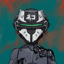 a drawing of a robot with a helmet that has chinese writing on it