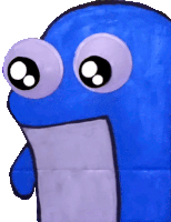 a blue cartoon character with big eyes and a purple mouth