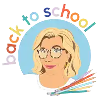 a woman with glasses is surrounded by pencils and the words " back to school "