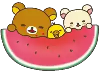 three bears and a chick are laying in a slice of watermelon