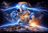 a dog wearing a gold chain and a dollar sign around its neck holds up a number 6 and 7