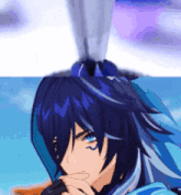 a cartoon character with long blue hair and blue eyes
