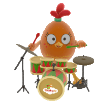 a cartoon chicken is playing drums with a drum set that says baby on it