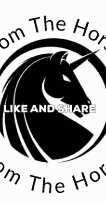 a black and white logo of a unicorn with the words like and share