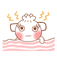 a cartoon drawing of a sheep with red eyes laying on a striped blanket