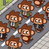 a group of cartoon monkeys are walking down a street with the letters cc on them