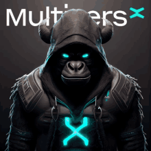 a gorilla wearing a hooded jacket with a glowing x on its chest