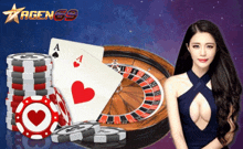 a woman sits in front of a roulette wheel and chips