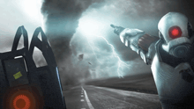 a man in a gas mask is pointing at a tornado in the distance