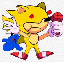 a cartoon of sonic the hedgehog holding a microphone and a blue teddy bear