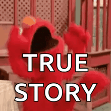 elmo from sesame street is holding up his arms in the air and says `` true story '' .