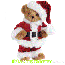 a teddy bear wearing a santa suit and hat with the words ho ho merry christmas below it