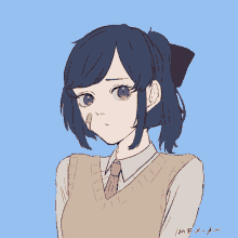 a drawing of a girl with blue hair and the letters x-a on the bottom