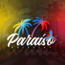 a logo for paraiso roleplay with palm trees and a bird