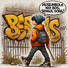 a cartoon drawing of a boy with a backpack that says kins