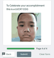 a picture of a young boy with the words to celebrate your accomplishment this is a lucky egg on the bottom