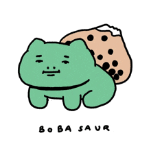 a cartoon drawing of a frog and a cookie that says boba saur on the bottom