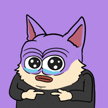 a cartoon drawing of a cat with a purple mask on