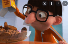 a cartoon character is looking at a plate of cookies and a box that says courage