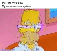 a cartoon of homer simpson sitting at a table with his elbow in pain