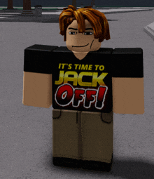 a man wearing a black shirt that says it 's time to jack off