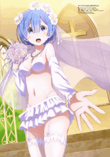 a blue haired anime girl in a bride costume