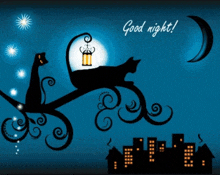 a cat sitting on a branch with a lantern and the words good night