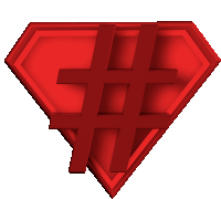 a red superhero emblem with a hashtag on it